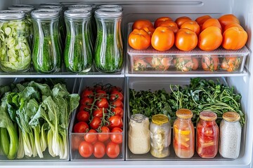 Fresh vegetables and jars of sauces organized in a modern refrigerator with vibrant colors and clear containers