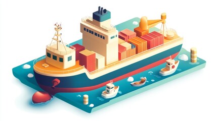Isometric Maritime transport logistics concept. Ship cargo delivery or boat shipping containers and parcel boxes. Import export business logistic, transportation of international by container cargo.