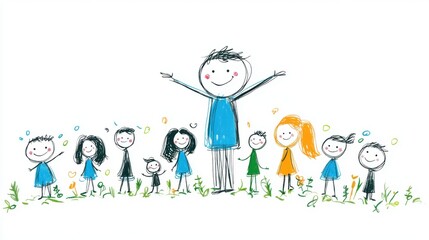 Colorful Childlike Drawing of Group of Happy Stick Figures with a Smiling Big Figure at the Center