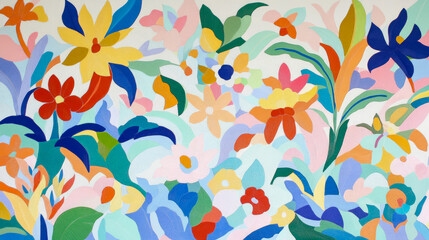 Enchanted Garden: A vibrant abstract floral artwork with colorful blossoms and lush foliage, exhibiting a textured impasto technique