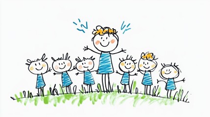 Obraz premium Happy Group of Children Celebrating Together in Colorful Hand-Drawn Illustration on a Bright Background