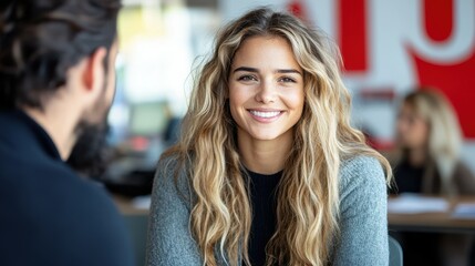 Obraz premium A smiling woman with wavy hair engages in a friendly conversation with a man. They are in a contemporary office, filled with natural light and casual work environments