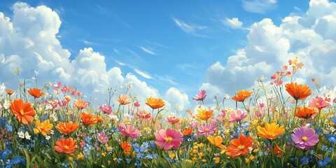 Obraz premium Illustration of a flower meadow in spring, with a bright blue sky and fluffy clouds. Features diverse wildflowers, including poppies, daisies, and cosmos flowers.