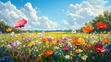 Vivid illustration of a colorful flower meadow in spring, with a bright blue sky and fluffy clouds. Features diverse wildflowers, including poppies, daisies, and cosmos flowers.