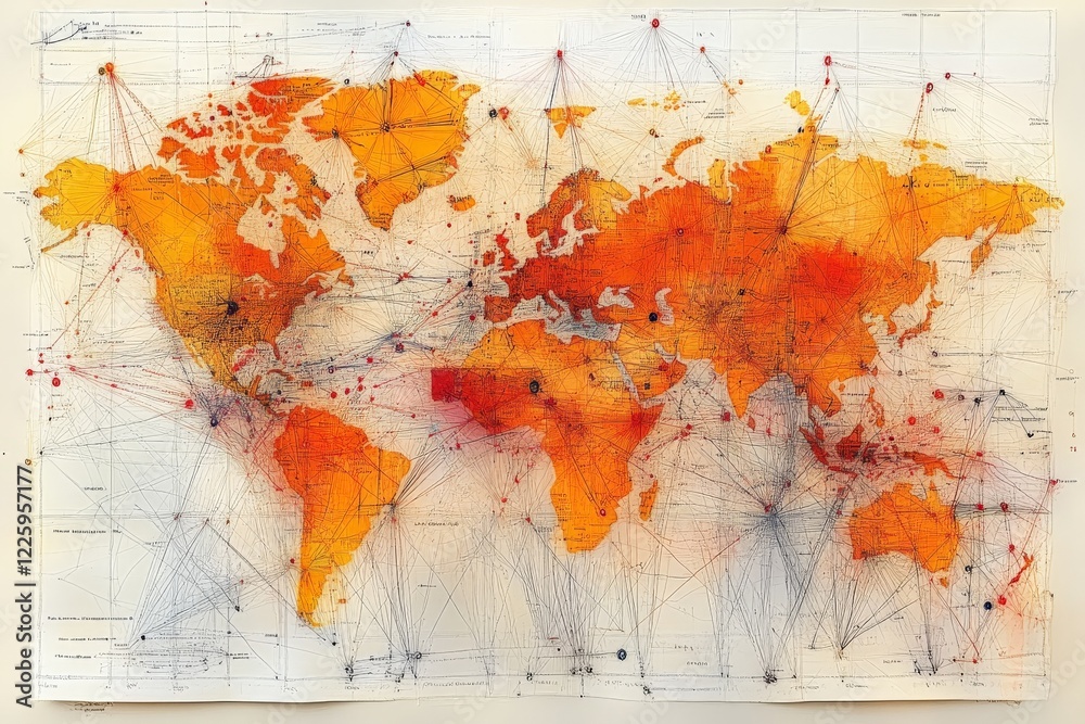 Aufkleber intricate global map with vibrant colors depicting connections and routes around the world