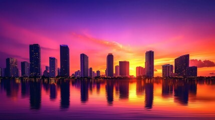 Obraz premium Vibrant City Skyline at Sunset: Miami's Golden Hour
