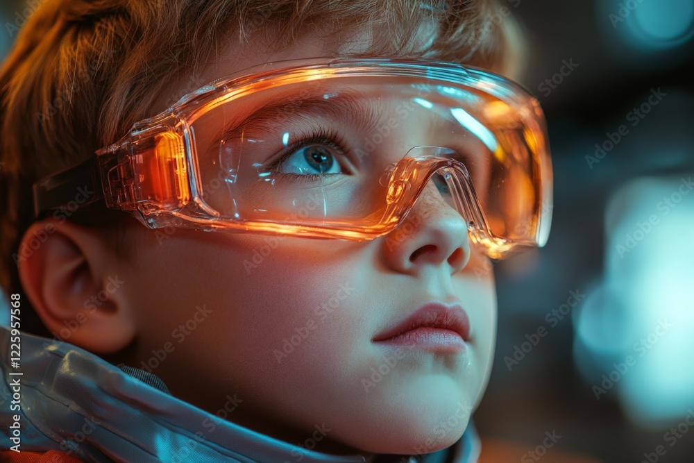 Poster Young child with protective goggles gazes thoughtfully, illuminated by soft light in a futuristic environment during a learning activity
