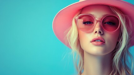 Fototapeta premium A model showcases her unique style with trendy pink sunglasses and a matching hat, radiating confidence in a vibrant blue setting during a summer-themed photoshoot