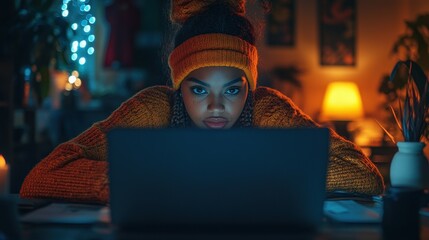 Obraz premium A young woman is focused on her laptop during a late-night study session. The cozy atmosphere is enhanced by warm lighting and decorative elements in her environment