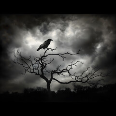 Raven on Barren Branch Against Stormy Sky &ndash; A Visual Omen of Change and Revelation