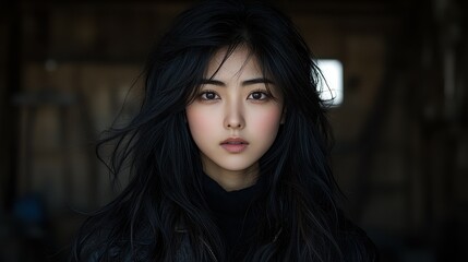 Fototapeta premium A young woman stands confidently with long, flowing hair and a serene expression. The warm light enhances her features in a rustic setting, creating a captivating atmosphere