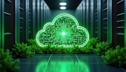 Eco friendly cloud computing concept. Green glowing cloud icon with circuit board design. Data center hallway with green plants. Sustainable tech solution for future business. Modern digital