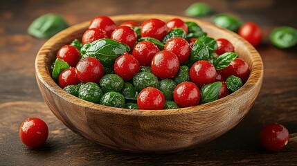 Delicious Cherry Tomatoes and Basil Salad in Wooden Bowl