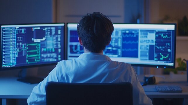 Data Analyst Working Late Night with Multiple Monitors Displaying Complex Graphs and Data Visualizations   - Powered by Adobe