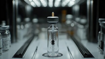 Precise Vaccine Production: A sterile environment showcasing automated vial filling with syringes, ensuring accuracy and safety in pharmaceutical manufacturing.
