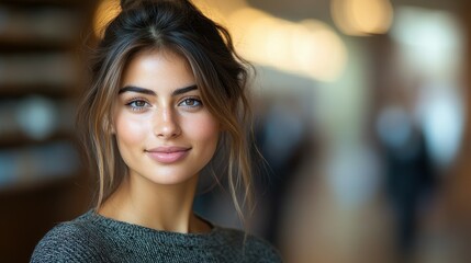Obraz premium A young woman with a warm smile stands confidently, showcasing her natural beauty. The soft indoor lighting highlights her features, creating a welcoming atmosphere