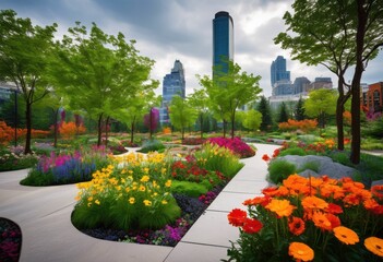 Obraz premium exploring vibrant urban parks innovative landscape design featuring lush colorful contemporary structures, greenery, flowers, trees, fountains, pathways