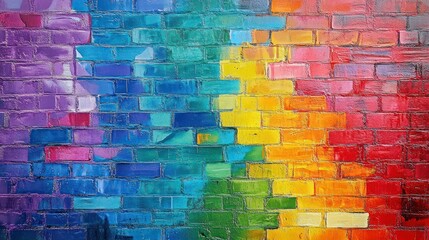 Colorful painted brick wall featuring a gradient of rainbow hues with textured surface