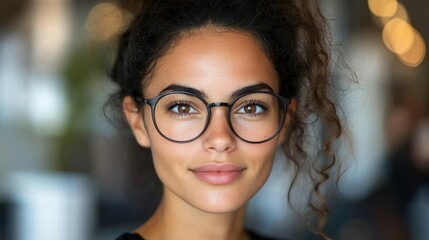 A young woman with curly hair and glasses is smiling while seated in a modern urban cafe. The background features soft lighting and a lively atmosphere