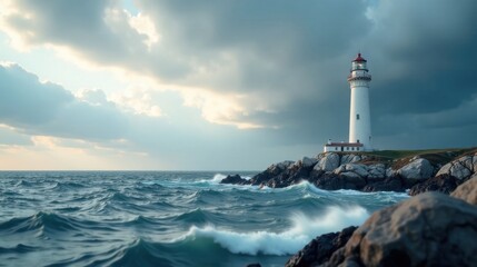 A solitary beacon stands tall amidst a tempestuous ocean, its light a steadfast symbol against the raging waves and brooding sky.