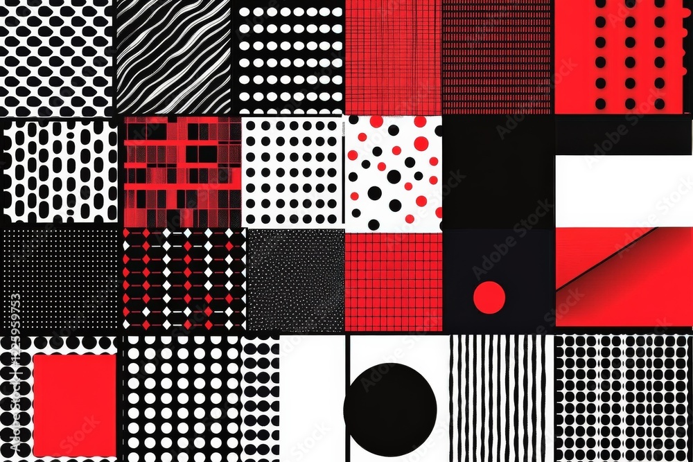 Poster abstract patterns in black, white, and red showcased in a grid layout for artistic exploration and d