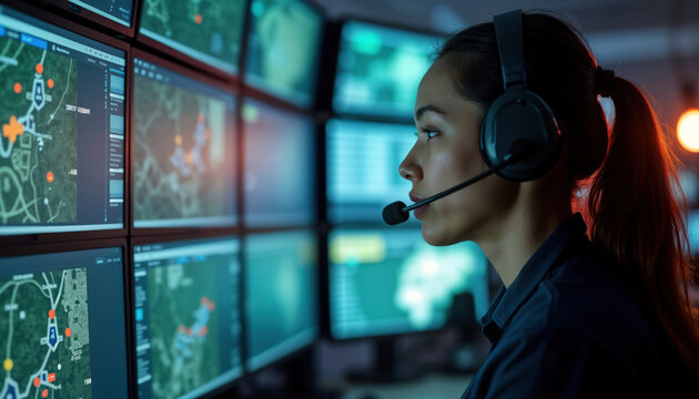 Female dispatcher speaks into headset monitoring multiple tracking maps on screens. Emergency service operator in control center coordinates assistance response. Tech support staff in office. Woman