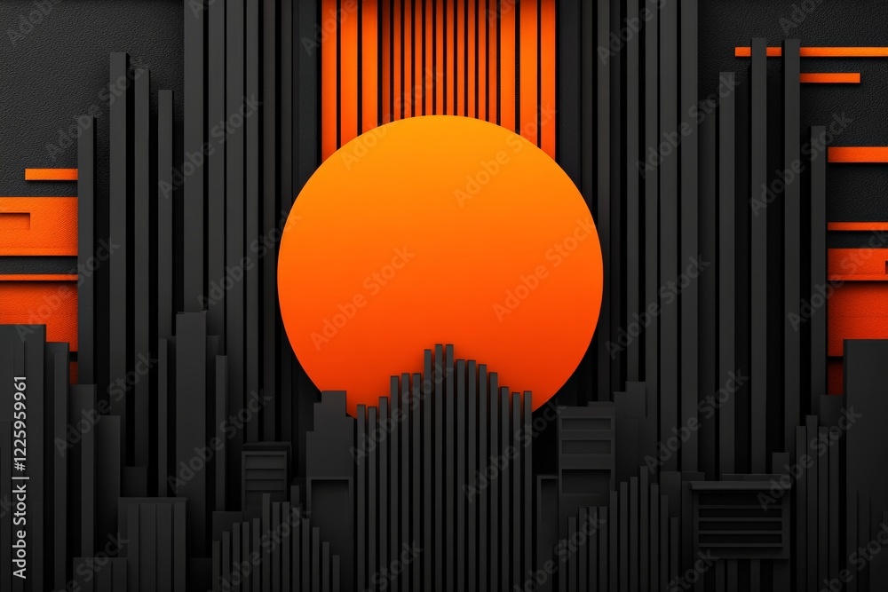 Poster bright orange sun sets behind abstract black cityscape with geometric patterns and structures