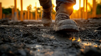 A construction worker in rugged boots walks through muddy ground at a building site as the sun sets, creating a warm glow around tall structures being built in the background