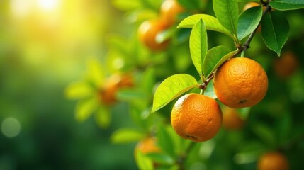 Sunlit Citrus Fruits Hanging on Lush Green Branches in a Vibrant Orchard Setting