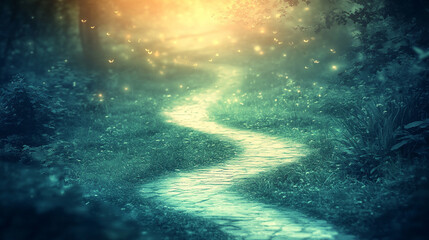 Fototapeta premium A mesmerizing winding road ascends into dreamy clouds, creating a mystical landscape at twilight, with a serene atmosphere inviting exploration and reflection, minimalistic bright tone and blurred bac