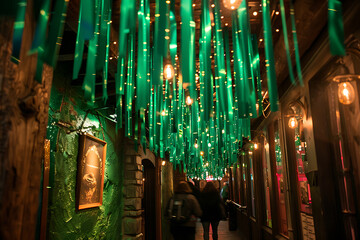 Obraz premium st patricks day celebration, the room filled with the scent of irish soda bread, festive saint patricks day cheer in every corner, and emerald green streamers hanging from the ceiling