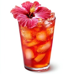 Isolate on white background, High-quality tea beverage displays, A hibiscus iced tea with floating petals
