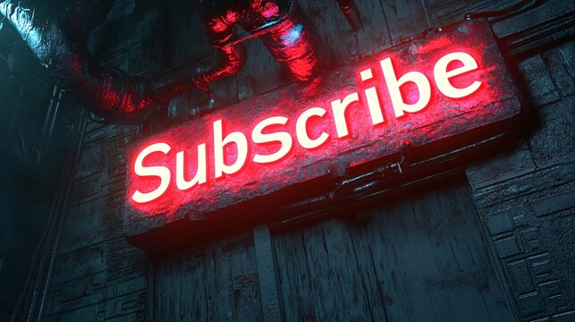 Red neon subscribe sign hanging on a grunge wall