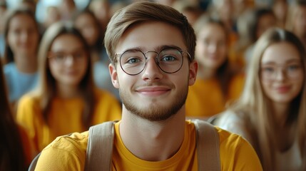 A cheerful young student with glasses is sitting in a classroom, surrounded by classmates wearing matching yellow shirts. The atmosphere is engaging and lively