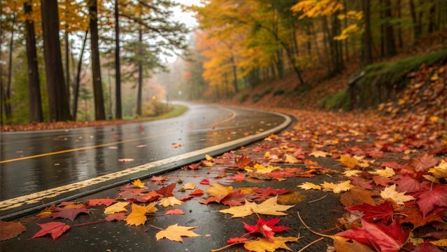 Autumn leaves on a winding road in a misty forest landscape