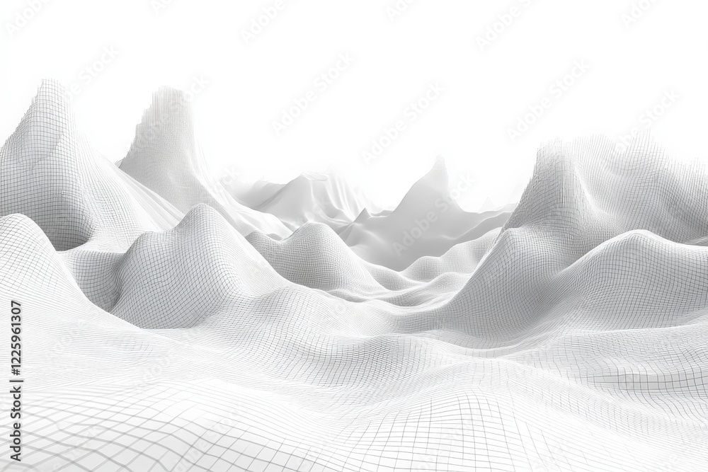 Poster 3d wireframe landscape showcasing abstract mountains and valleys in a minimalistic white environment