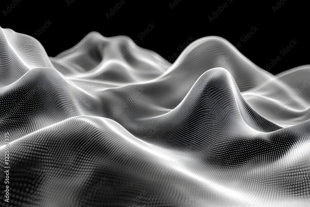Fototapete Abstract representation of waves in monochrome with smooth curves and dots on a dark background