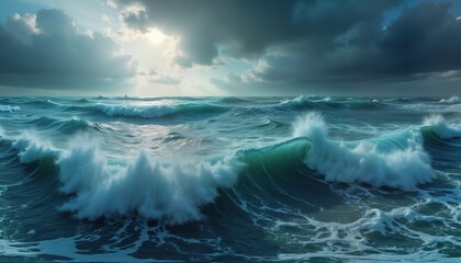 Dramatic stormy sea panorama. Powerful waves crash on shore. Dark blue ocean water with white foam. Dramatic sky with clouds. Beautiful natural landscape. Perfect for travel, nature lovers. Inspiring