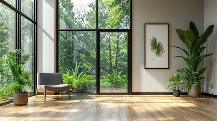 Serene Modern Living Room with Lush Greenery and Natural Light