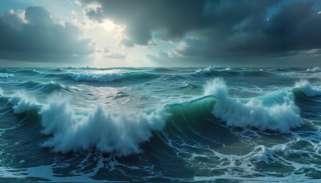 Dramatic stormy sea panorama. Powerful waves crash on shore. Dark blue ocean water with white foam. Dramatic sky with clouds. Beautiful natural landscape. Perfect for travel, nature lovers. Inspiring