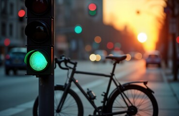 Bicycle parked on city street near green traffic light at sunset. Urban transportation scene. Street scene with blurred cars, buildings in background. Sunset creates warm light. People, transport
