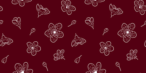 Seamless pattern with white outlines of sakura flowers and buds on a burgundy background for textile, fabric, wrapping paper. Botanical pattern with cherry blossom.