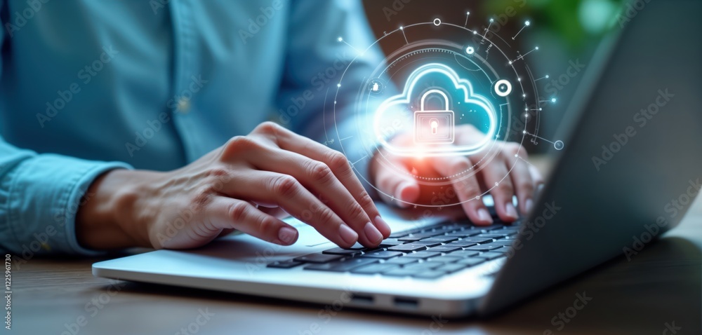 Poster close-up view of person typing on laptop. hands on keyboard. glowing cloud computing icon with padlo