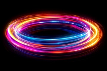 Bright swirling neon lights create a dynamic visual effect on a dark background during a nighttime event