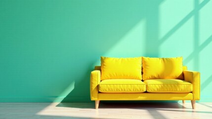 Bright Yellow Sofa Against a Mint Green Wall in a Sunlit Room