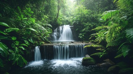 Obraz premium Lush Rainforest Waterfall Cascading Over Rocks