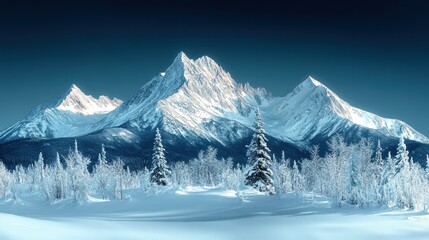 Obraz premium Majestic Winter Mountain Landscape: A Breathtaking View of Snow-Clad Peaks and Frozen Forest