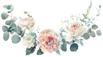 Beautiful Floral Arrangement Featuring Peonies and Eucalyptus Leaves in Soft Pastel Colors - Vintage Illustration, Isolated on White Transparent Background, PNG