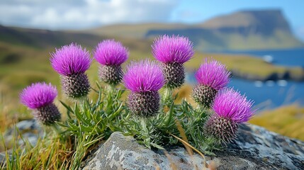 Stunning Purple Thistles Blooming on a Rocky Outcrop Overlooking a Coastal Landscape