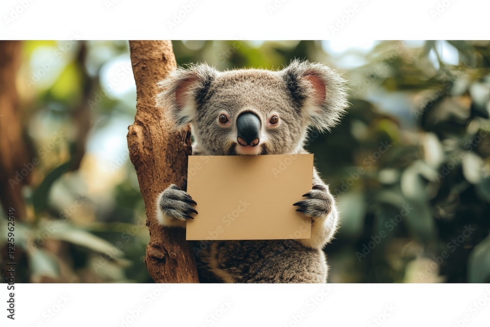 Poster koala holding a blank sign in its paws while perched on a tree in a lush environment